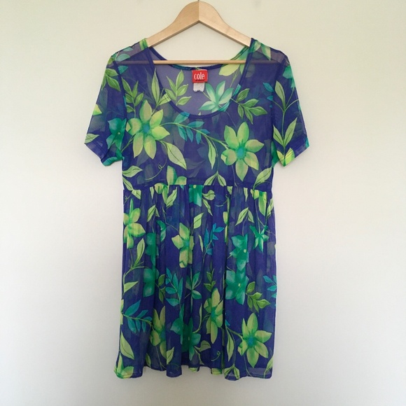 VTG Cole of California Blue Green Floral Mesh Sheer Cover Up Babydoll Dress M/L - Picture 1 of 14